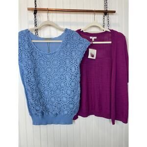 Joseph A & Croft and Barrow Blue Crochet Sweater Top & V-Neck Cardigan Bundle XL